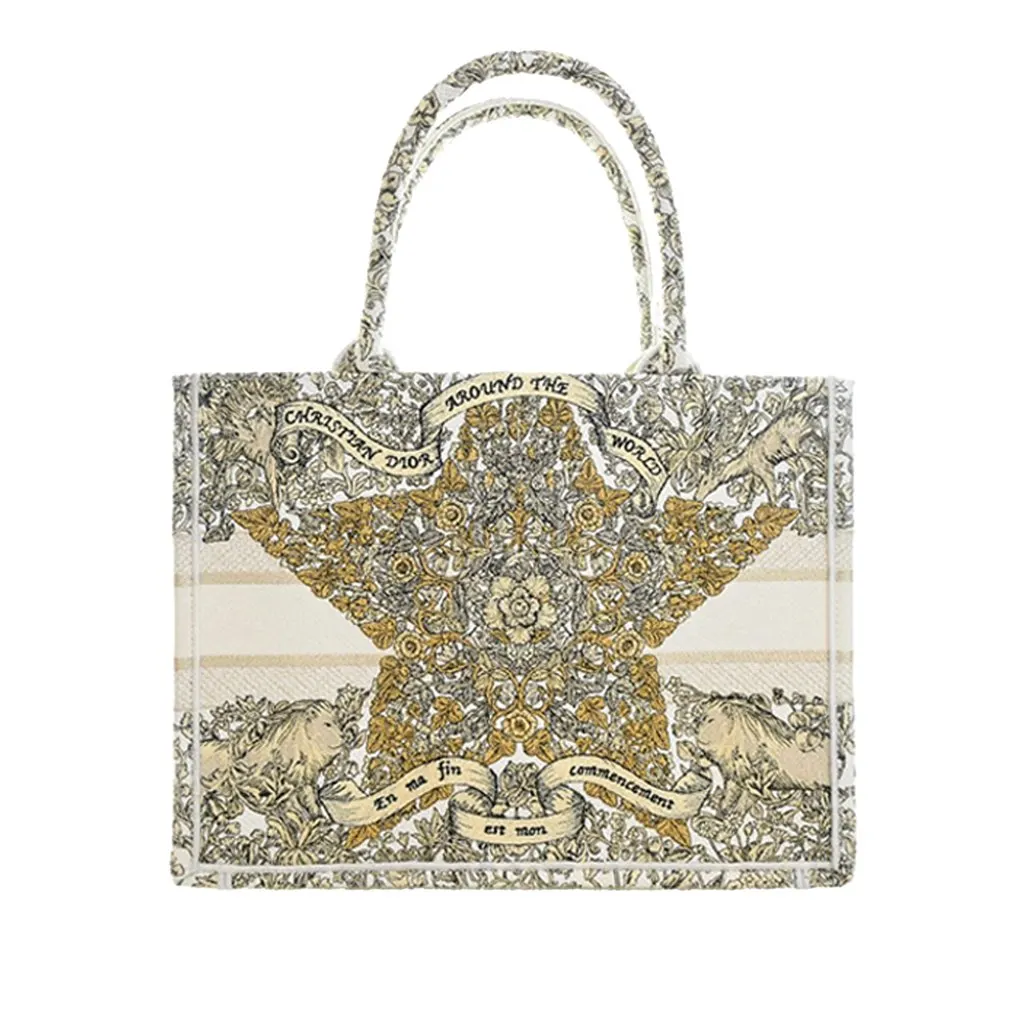 Dior Medium Canvas Embroidered Around the World Book Tote White Very good - Model View
