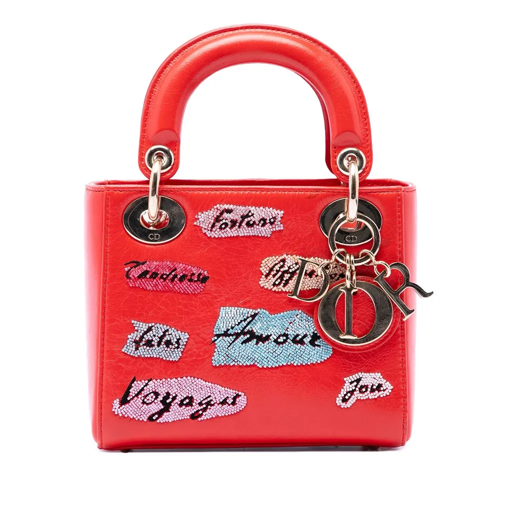 Dior Mini Calfskin Beaded Lady Dior Red Leather Very good - Front View