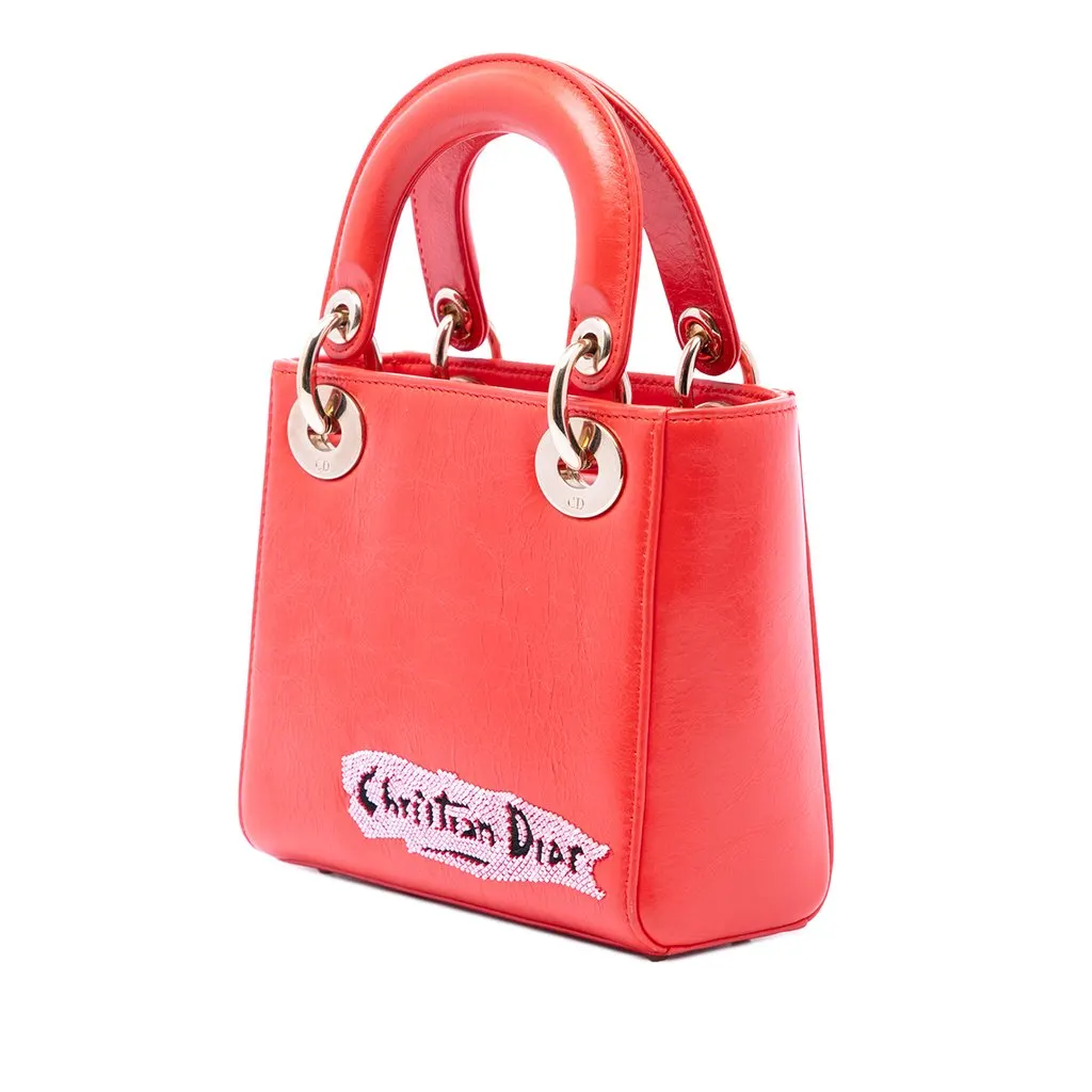 Dior Mini Calfskin Beaded Lady Dior Red Leather Very good - Back View