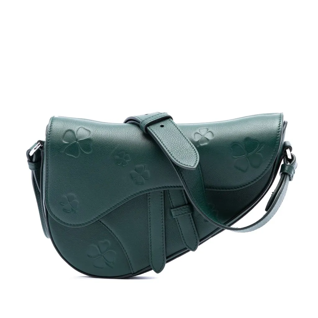 Dior Embossed Smooth Calfskin Clover Saddle Crossbody Green Leather Very good - Front View