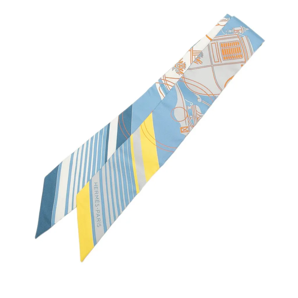 Hermès Ex Libris Silk Twilly Scarf Blue Silk Never worn - Front View
