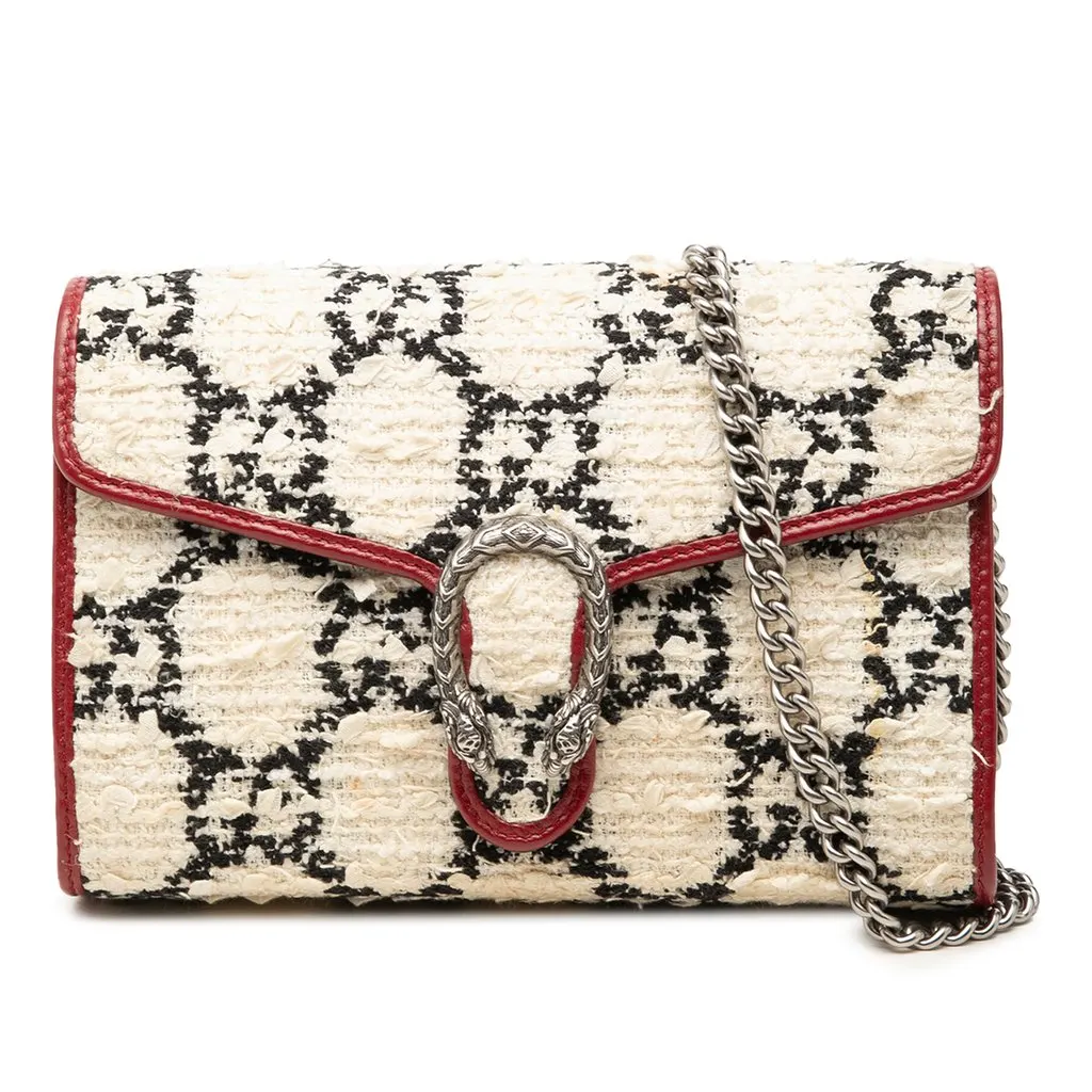 Gucci GG Tweed Dionysus Wallet on Chain White Tweed Very good - Front View
