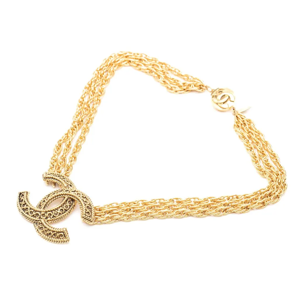 Chanel CC Gold Plated Deca Triple Link Chain Necklace Gold Brass Very good - Front View
