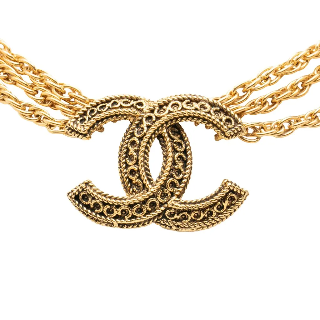 Chanel CC Gold Plated Deca Triple Link Chain Necklace Gold Brass Very good - Back View