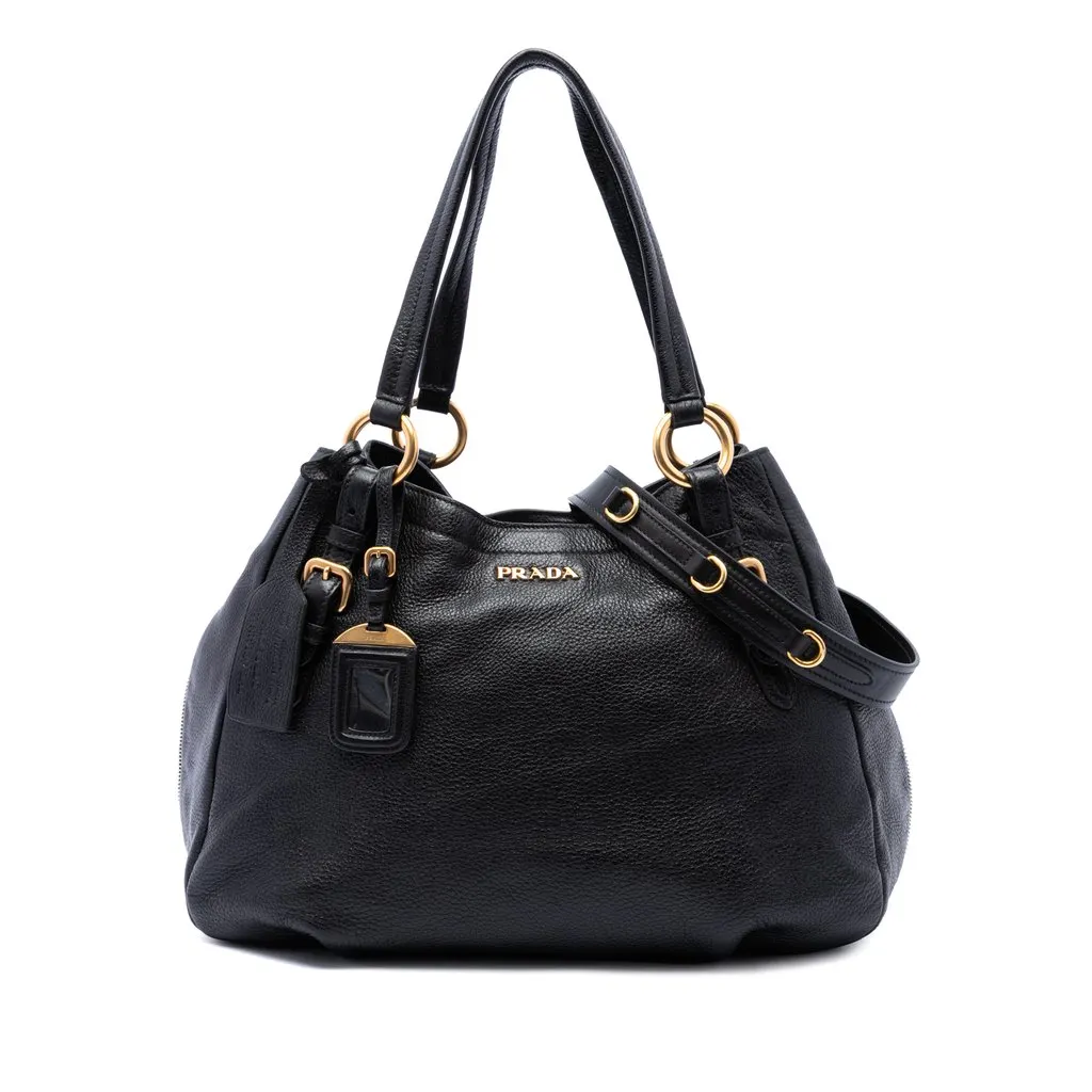 Prada Vitello Daino Side Zip Convertible Tote Black Leather Very good - Front View