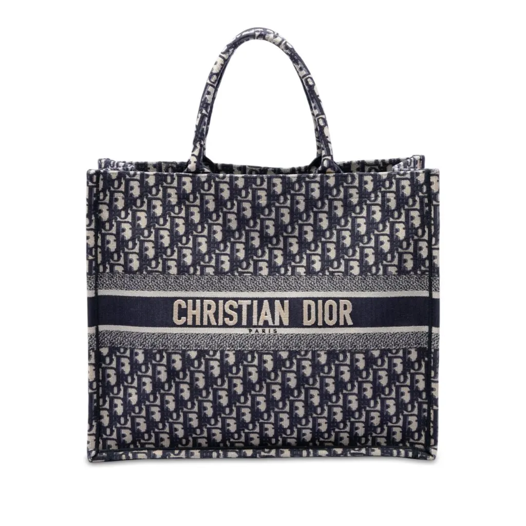 Dior Large Oblique Embroidered Canvas Book Tote Blue Very good - Front View