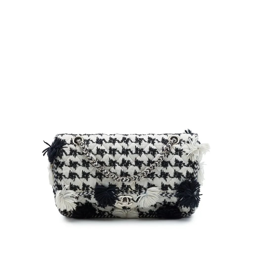 Chanel Medium Classic Embroidered Canvas Houndstooth Pom Pom Flap White Very good - Front View