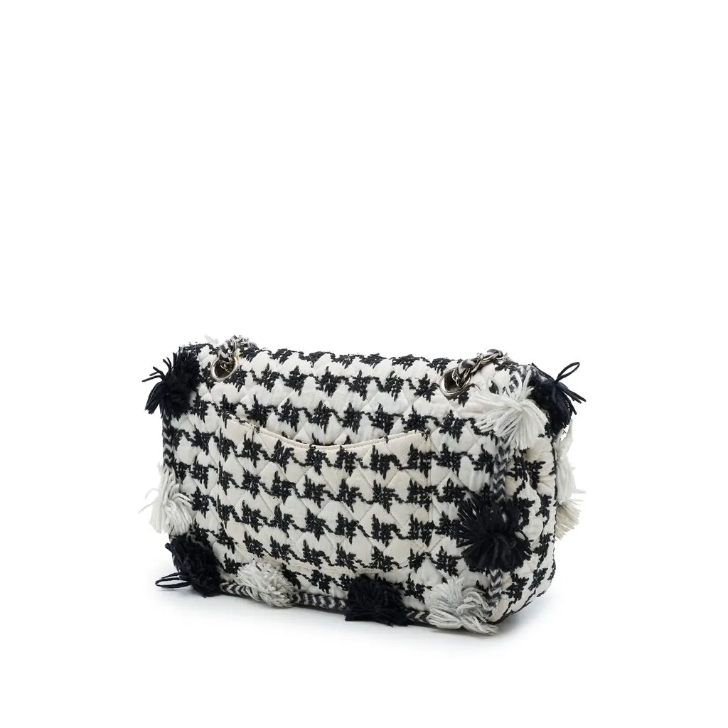 Chanel Medium Classic Embroidered Canvas Houndstooth Pom Pom Flap White Very good - Back View