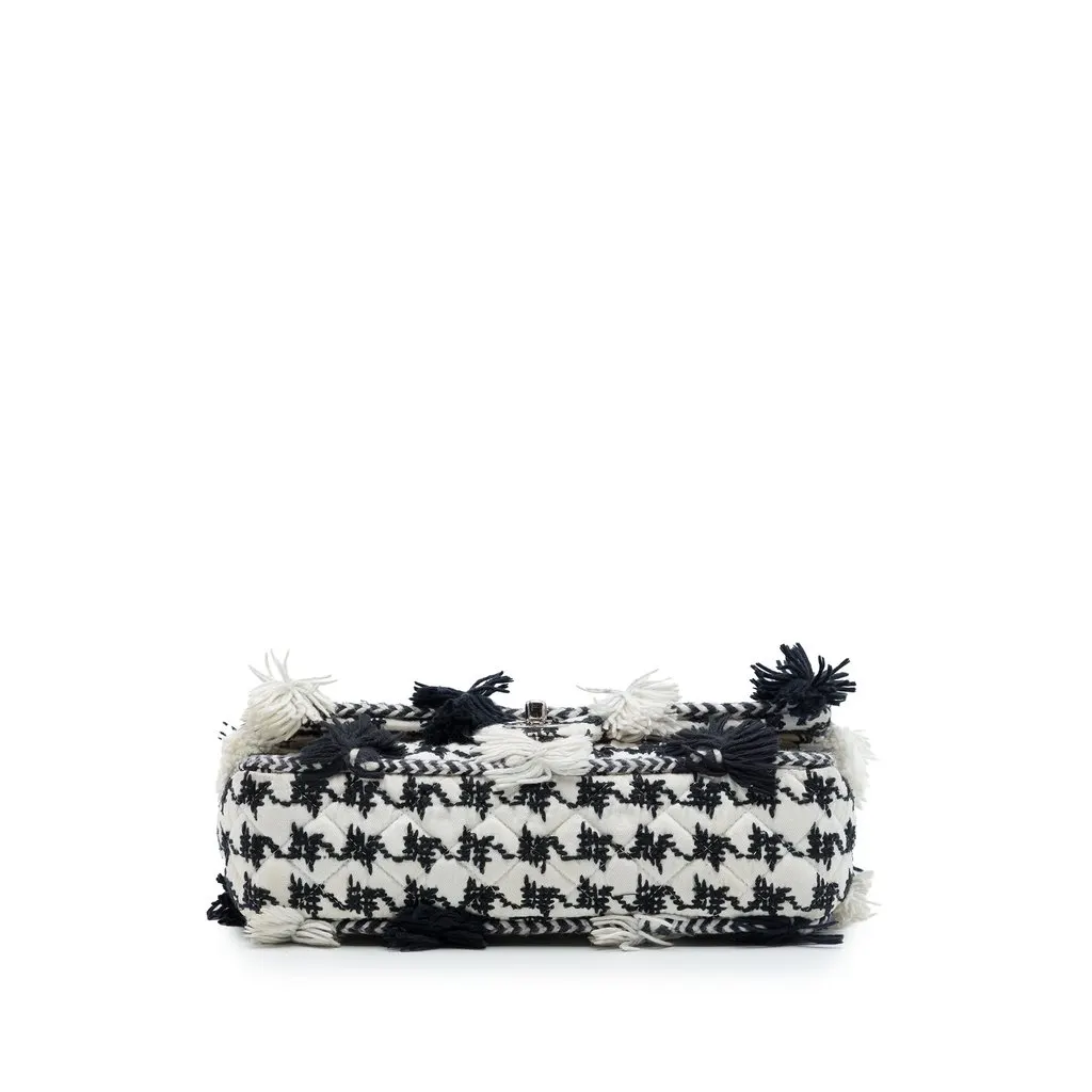 Chanel Medium Classic Embroidered Canvas Houndstooth Pom Pom Flap White Very good - Inside View