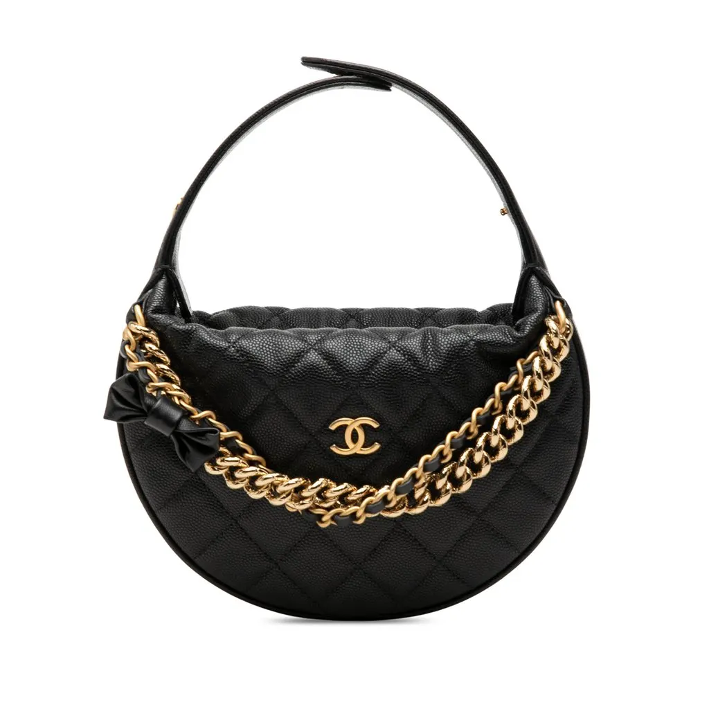 Chanel Mini Quilted Caviar Bow Pouch Hobo Black Leather Very good - Front View