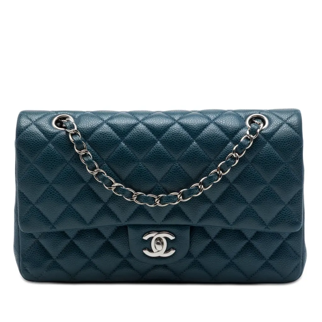 Chanel Medium Classic Caviar Double Flap Blue Leather Very good - Front View