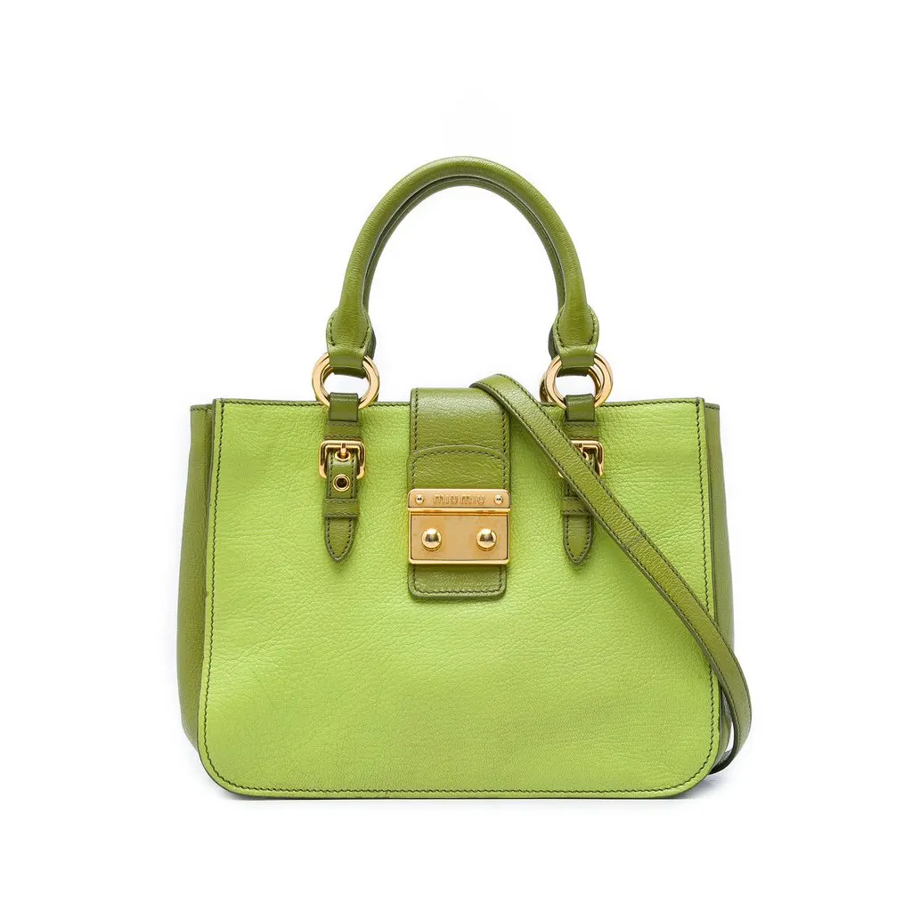 Miu Miu Bicolor Goatskin Madras Satchel Green Leather Good - Front View