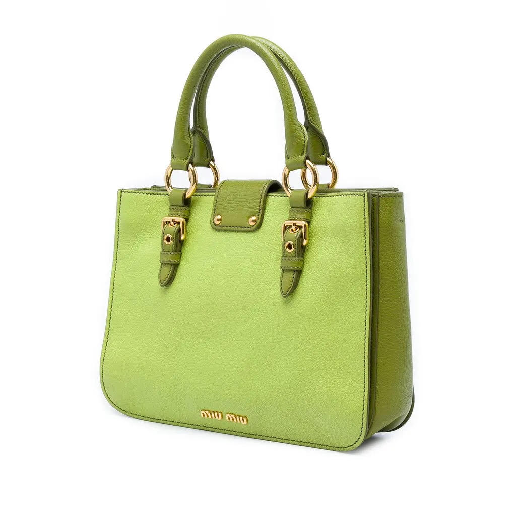 Miu Miu Bicolor Goatskin Madras Satchel Green Leather Good - Back View