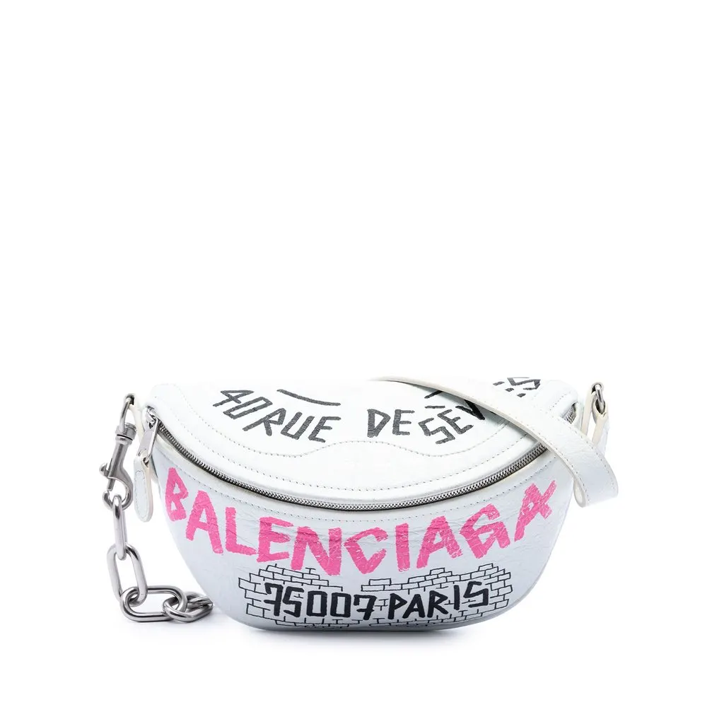 Balenciaga Lambskin Souvenir Graffiti Belt Bag XXS White Leather Good - Front View