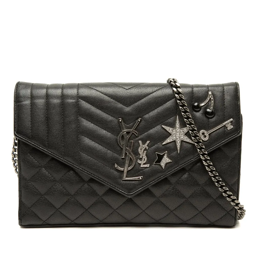 Saint Laurent Sheepskin Triquilt Monogram Charms Envelope Wallet on Chain Black Leather Very good - Front View
