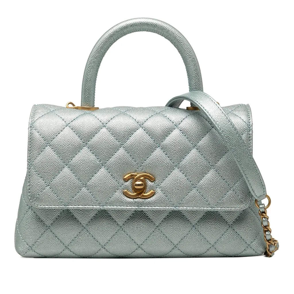Chanel Mini Metallic Caviar Coco Top Handle Bag Blue Leather Very good - Front View