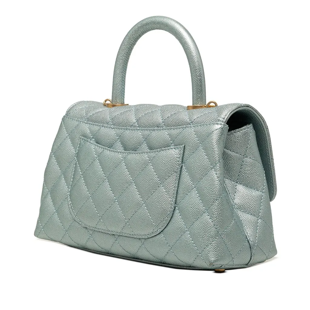 Chanel Mini Metallic Caviar Coco Top Handle Bag Blue Leather Very good - Back View