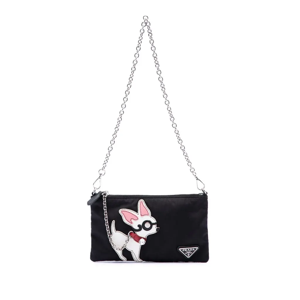 Prada Tessuto Chihuahua Chain Pouch Black Polyamide Good - Front View