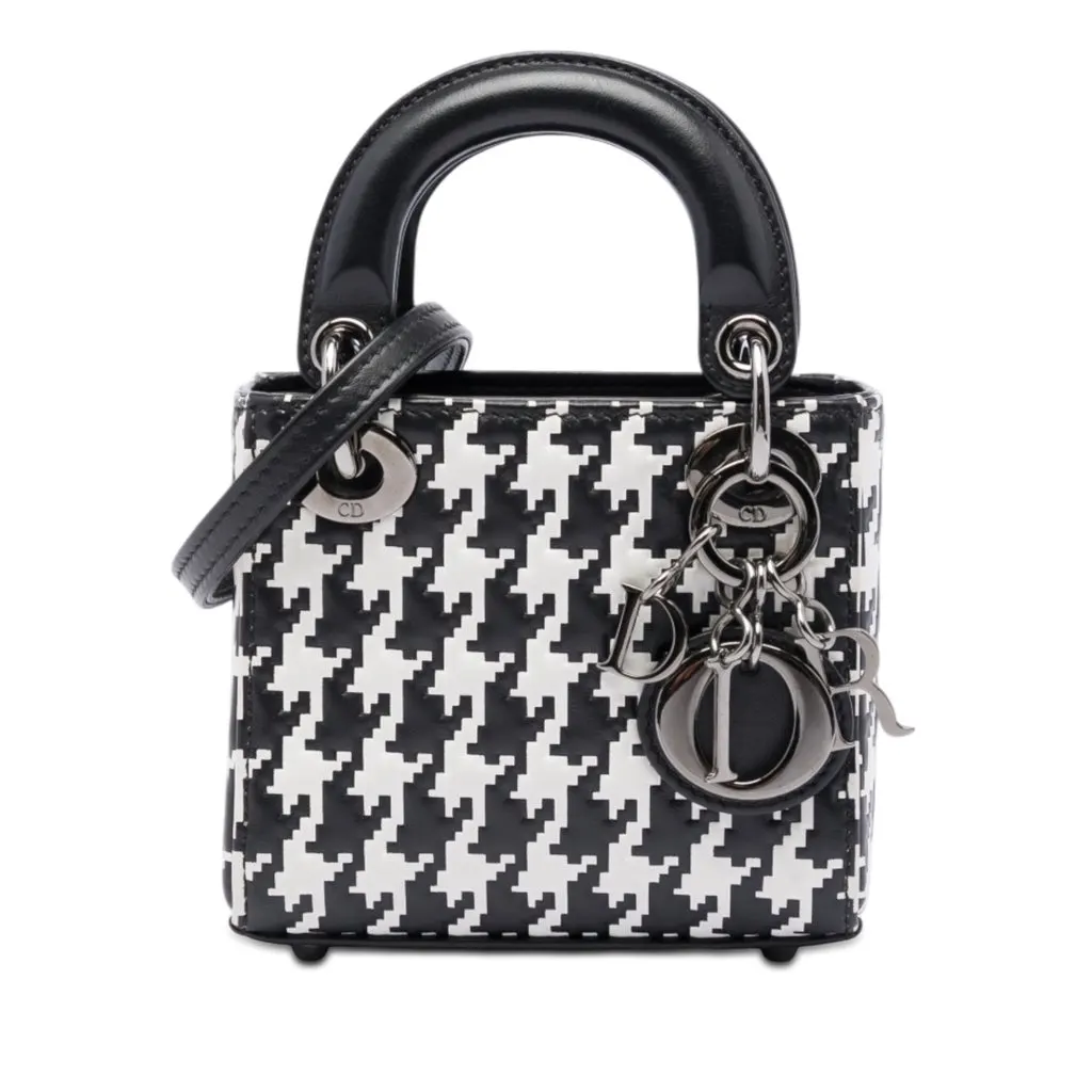Dior Micro Calfskin Houndstooth Embossed Macro Lady Dior Black Leather Very good - Front View