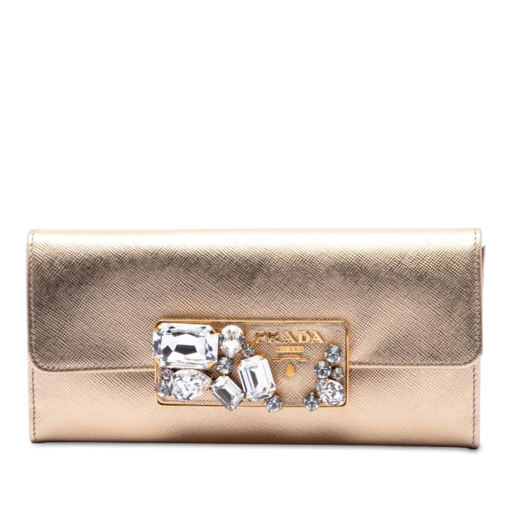 Prada Saffiano Lux Crystal Embellished Continental Wallet Gold Leather Very good - Front View