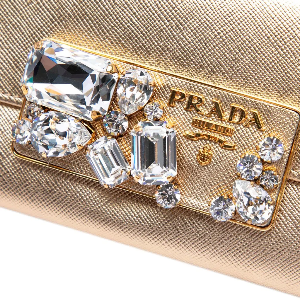 Prada Saffiano Lux Crystal Embellished Continental Wallet Gold Leather Very good - Box View