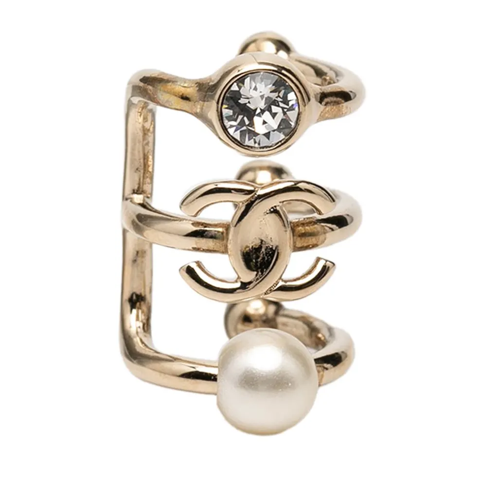 Chanel CC Gold Plated Strass and Faux Pearl Ear Cuff Earring Gold Metal Very good - Front View