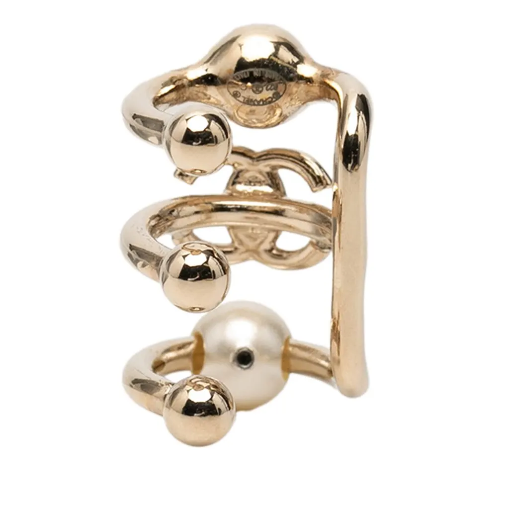 Chanel CC Gold Plated Strass and Faux Pearl Ear Cuff Earring Gold Metal Very good - Back View