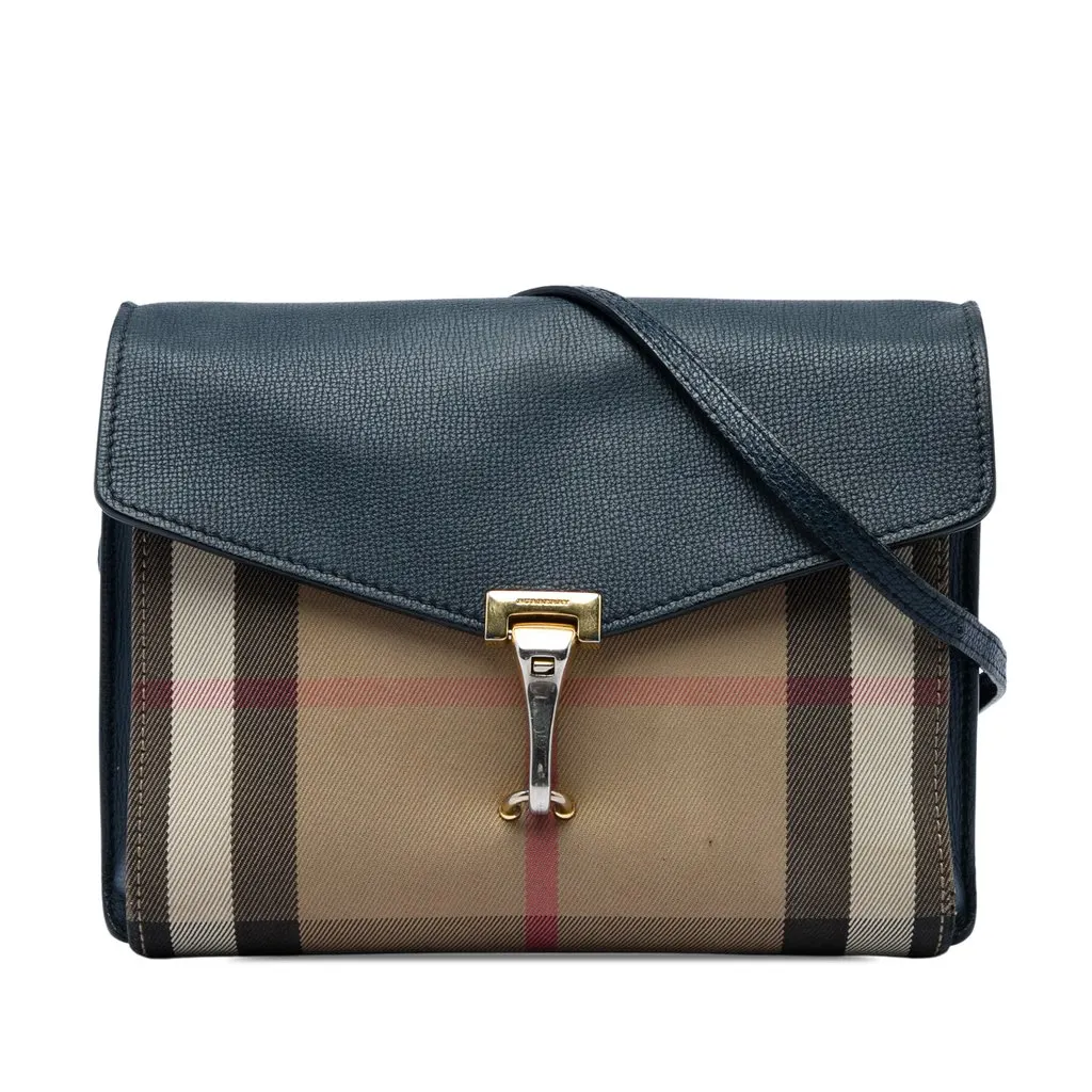 Burberry Small Leather and House Check Canvas Derby Macken Crossbody Blue Good - Front View