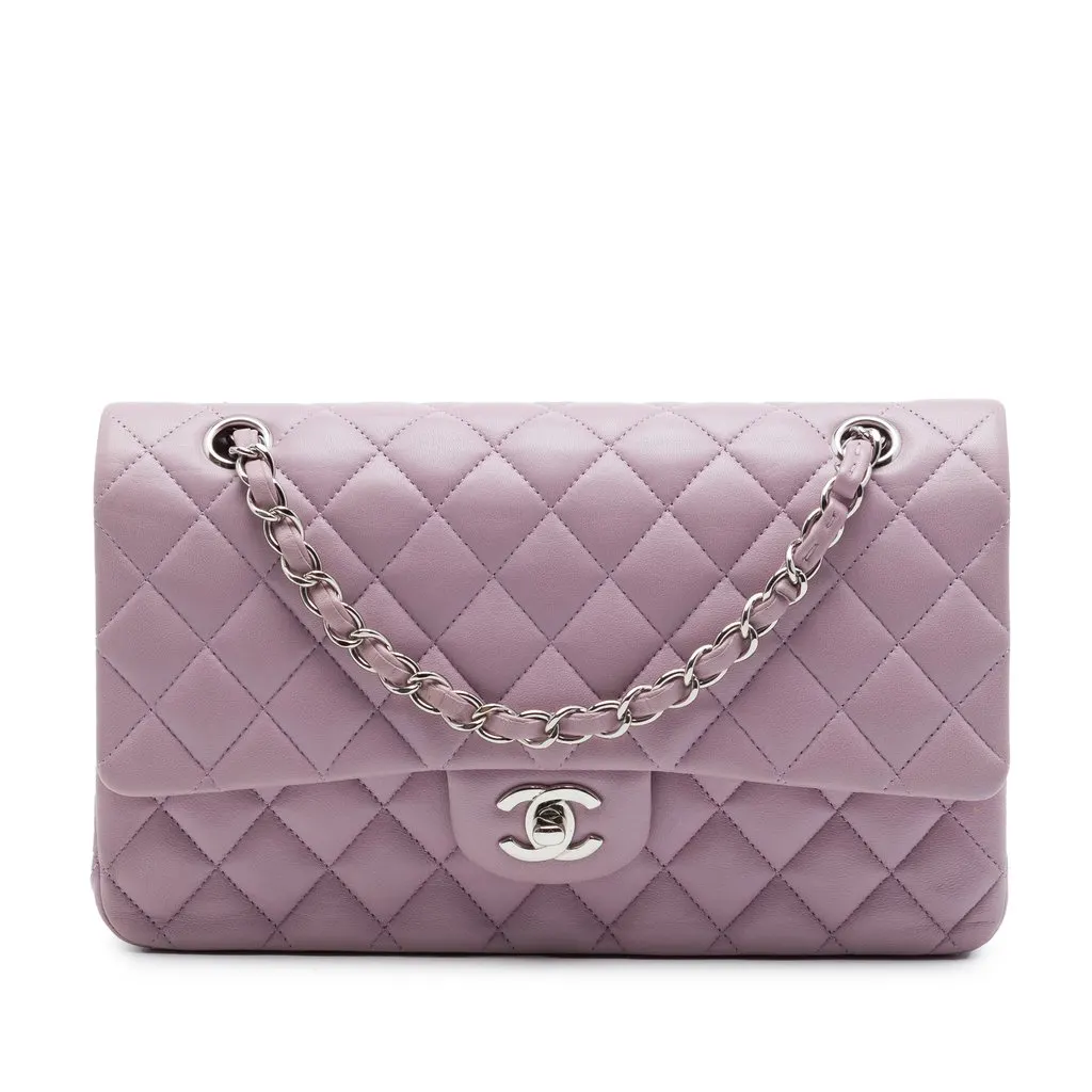 Chanel Medium Classic Lambskin Double Flap Purple Leather Very good - Front View