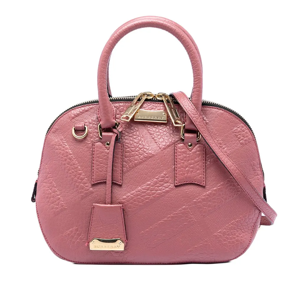 Burberry Small Heritage Grain Check Embossed Orchard Bowling Bag Pink Leather Very good - Front View