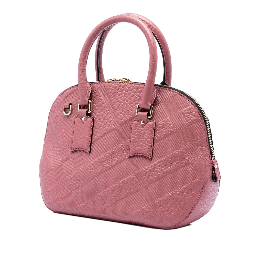 Burberry Small Heritage Grain Check Embossed Orchard Bowling Bag Pink Leather Very good - Back View