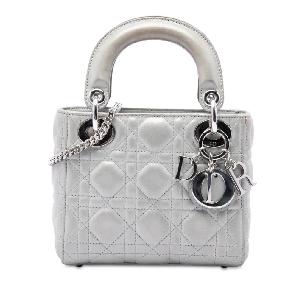 Dior Mini Iridescent Lambskin Cannage Lady Dior Silver Leather Very good - Front View