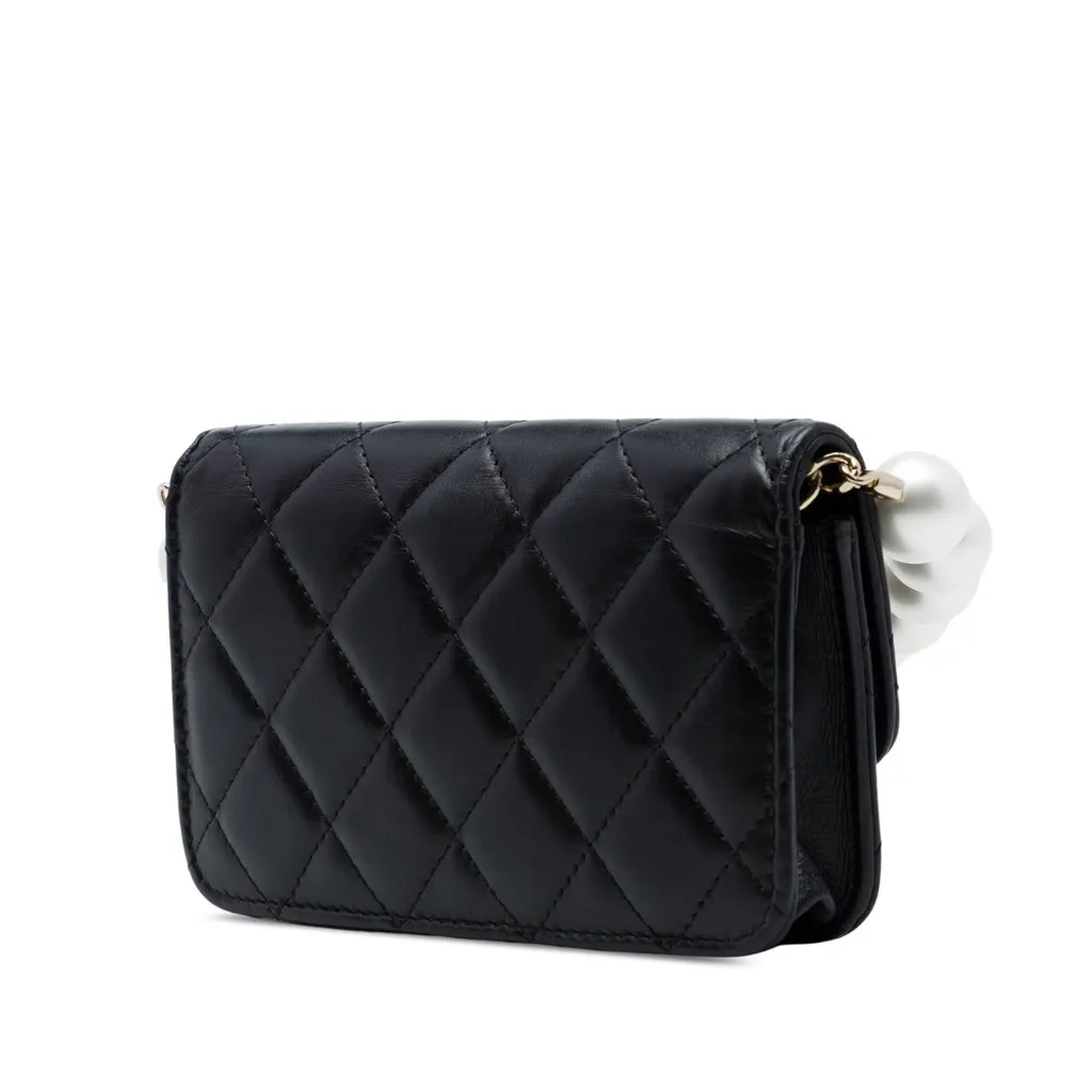 Chanel Quilted Calfskin Maxi Pearls Clutch With Chain Black Leather Very good - Back View