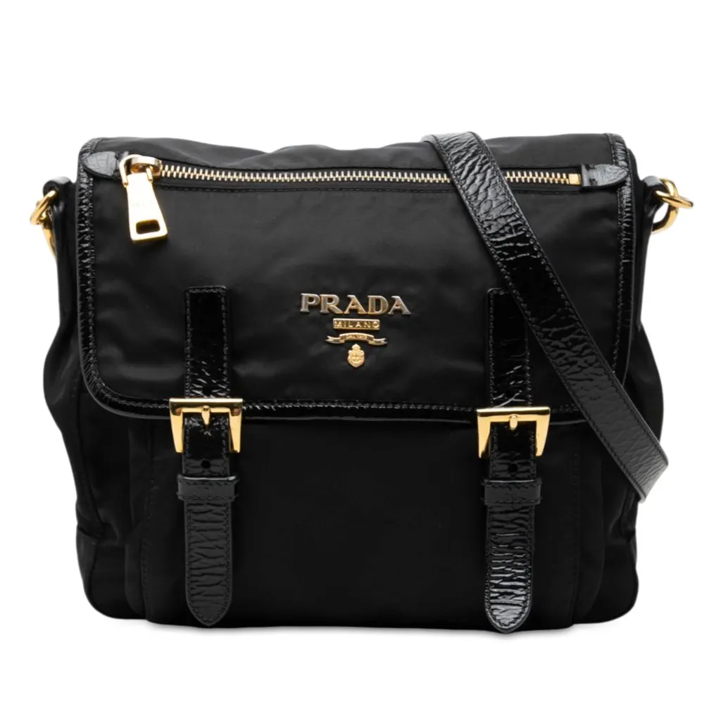 Prada Tessuto Zip Double Buckle Messenger Bag Black Polyamide Very good - Front View