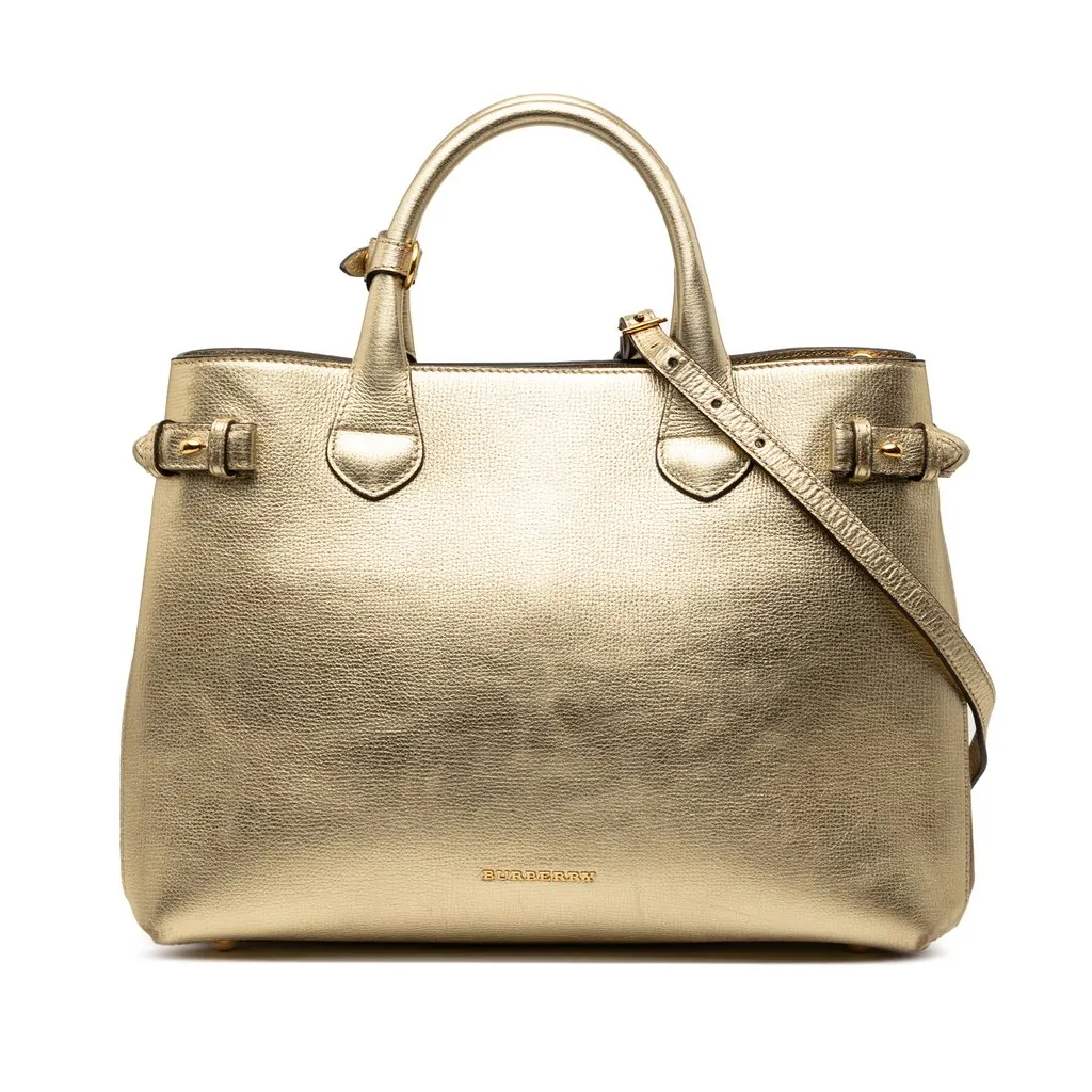 Burberry Medium Metallic Leather and House Check Banner Satchel Gold Leather Very good - Front View