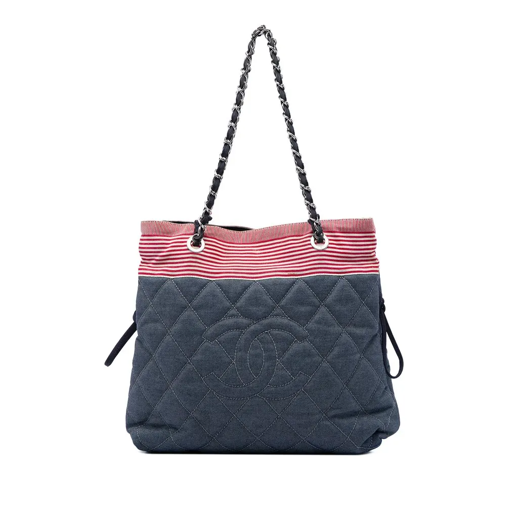 Chanel CC Quilted Denim Grosgrain Drawstring Tote MultiColor Denim Very good - Front View