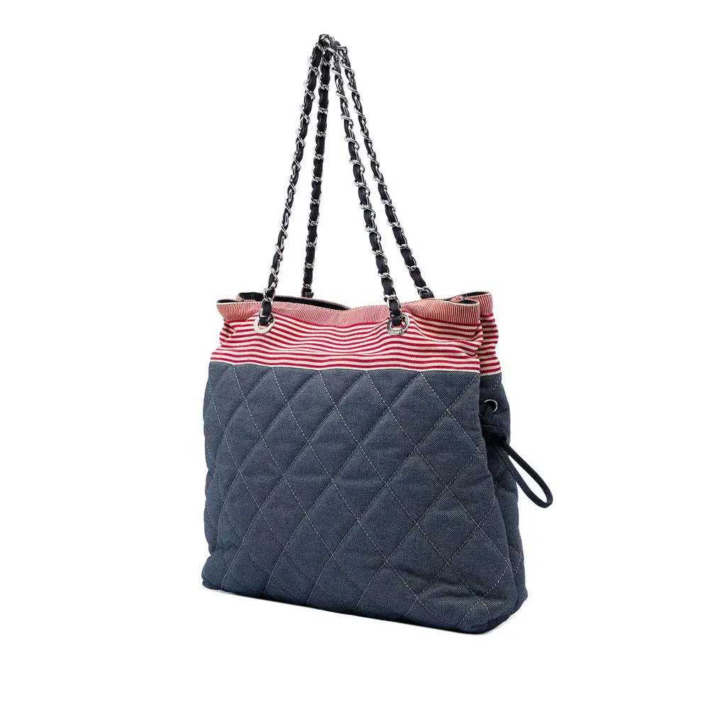 Chanel CC Quilted Denim Grosgrain Drawstring Tote MultiColor Denim Very good - Back View