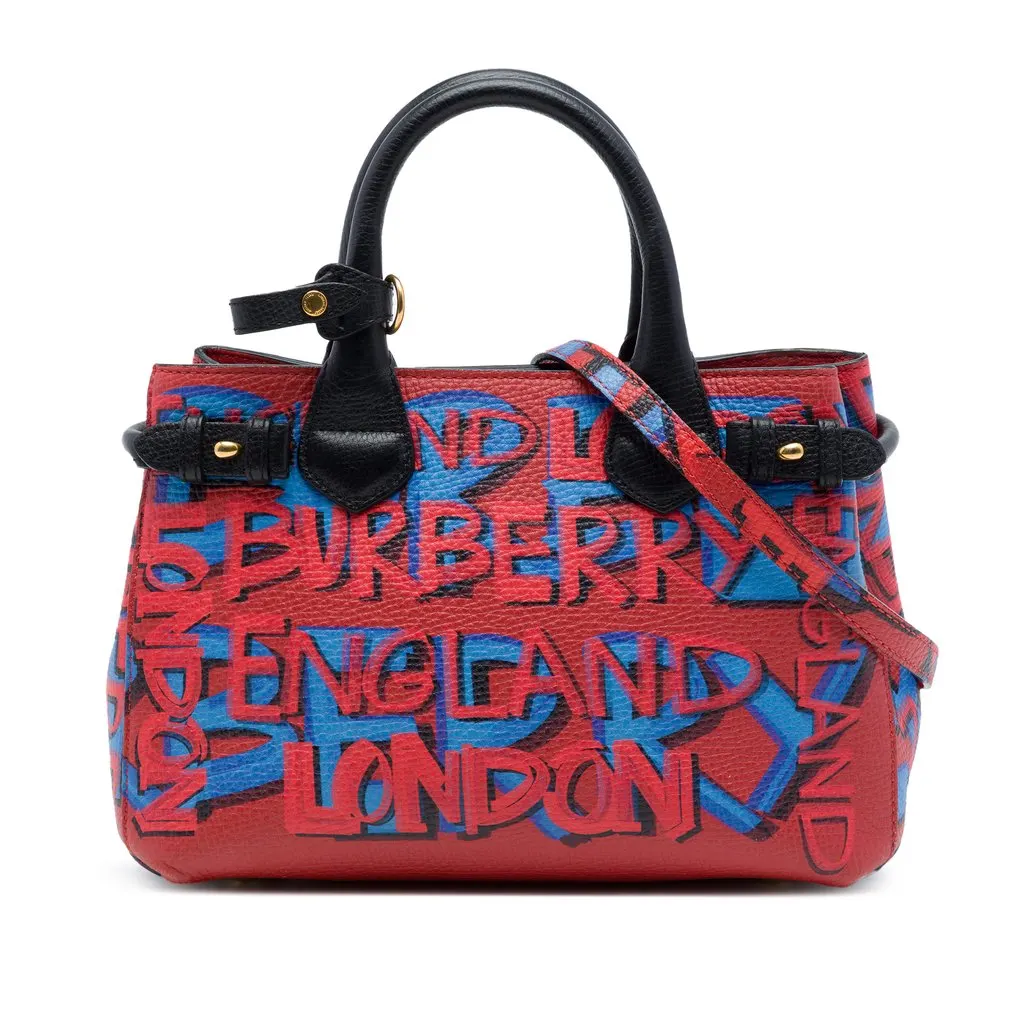 Burberry Small Graffiti Print Grainy Calfskin Banner Satchel Red Leather Good - Front View