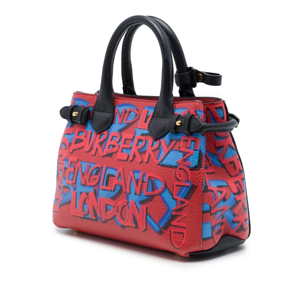 Burberry Small Graffiti Print Grainy Calfskin Banner Satchel Red Leather Good - Back View