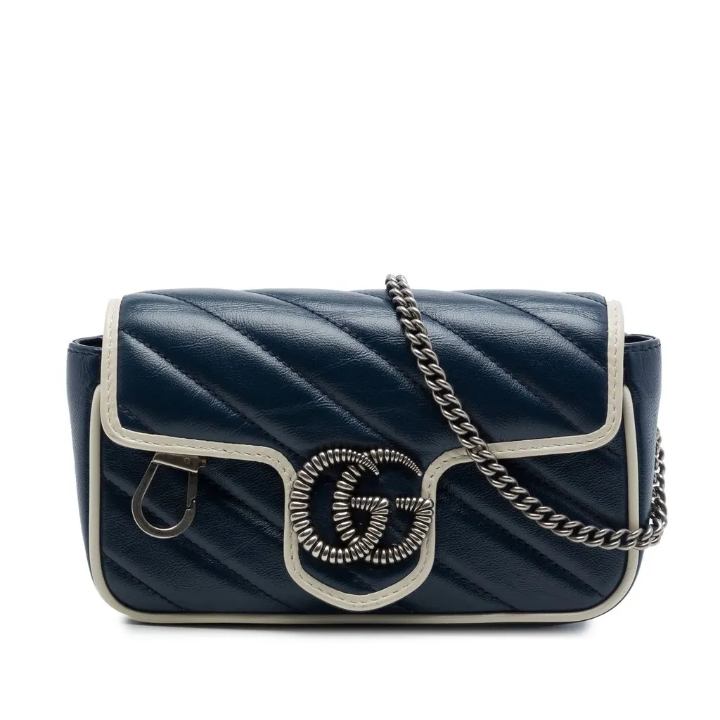 Gucci Super Mini GG Marmont Matelasse Leather Torchon Flap Crossbody Blue Leather Very good - Front View