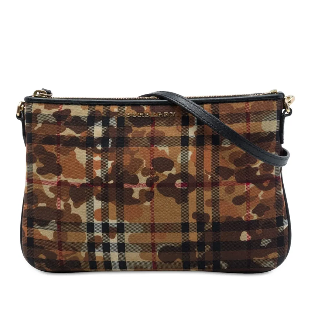 Burberry Haymarket Check Coated Canvas Camouflage Peyton Crossbody Brown Very good - Front View