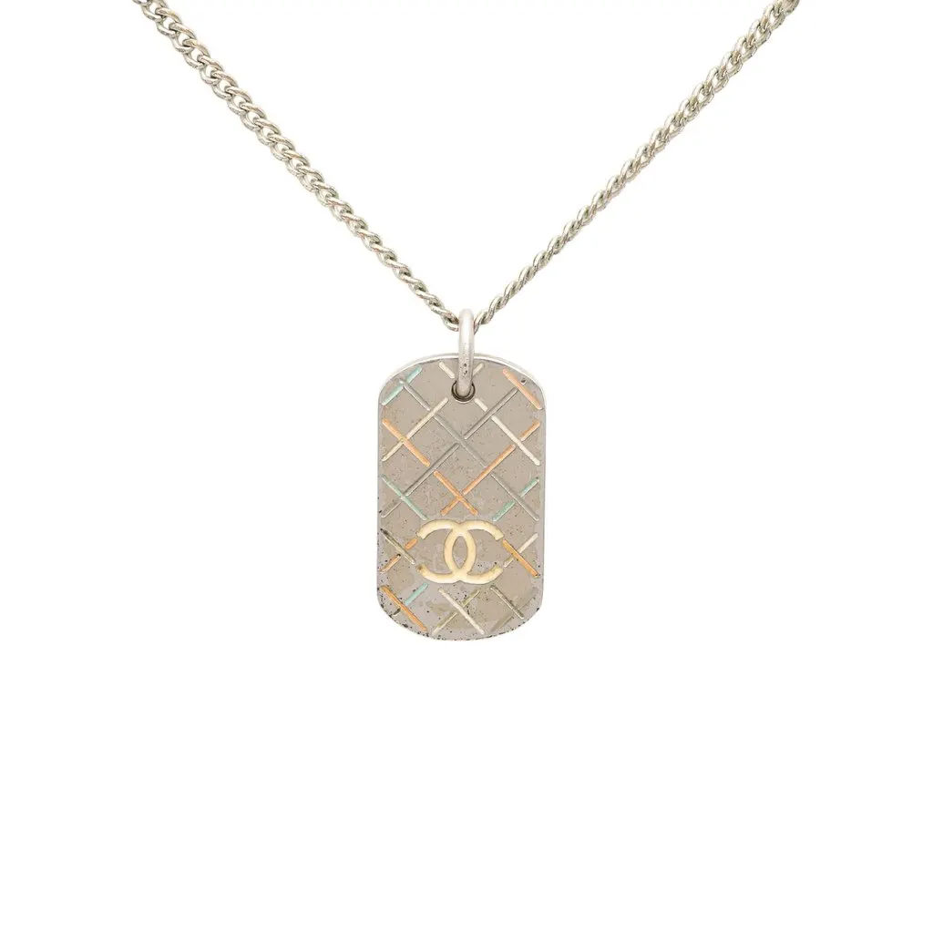 Chanel CC Brass Quilted Dog Tag Pendant Necklace Silver Brass Very good - Back View