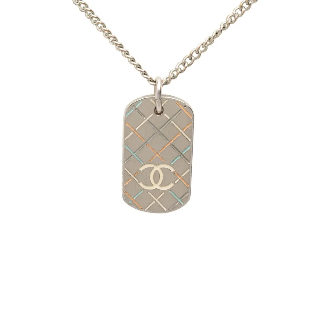 Chanel CC Brass Quilted Dog Tag Pendant Necklace Silver Brass Very good - Inside View
