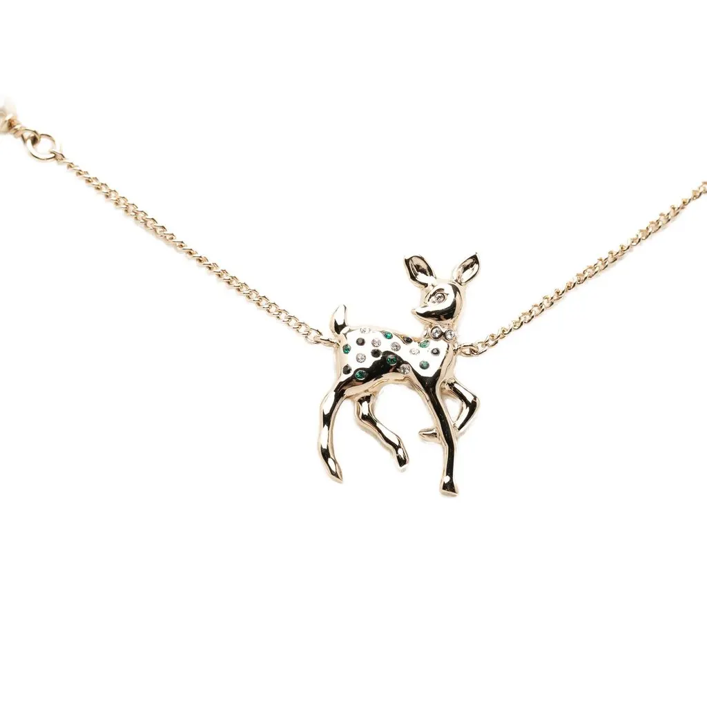 Chanel CC Gold Plated Faux Pearl Strass Deer Pendant Necklace Gold Metal Very good - Front View