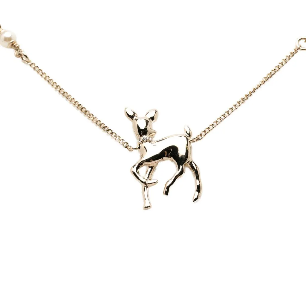 Chanel CC Gold Plated Faux Pearl Strass Deer Pendant Necklace Gold Metal Very good - Back View
