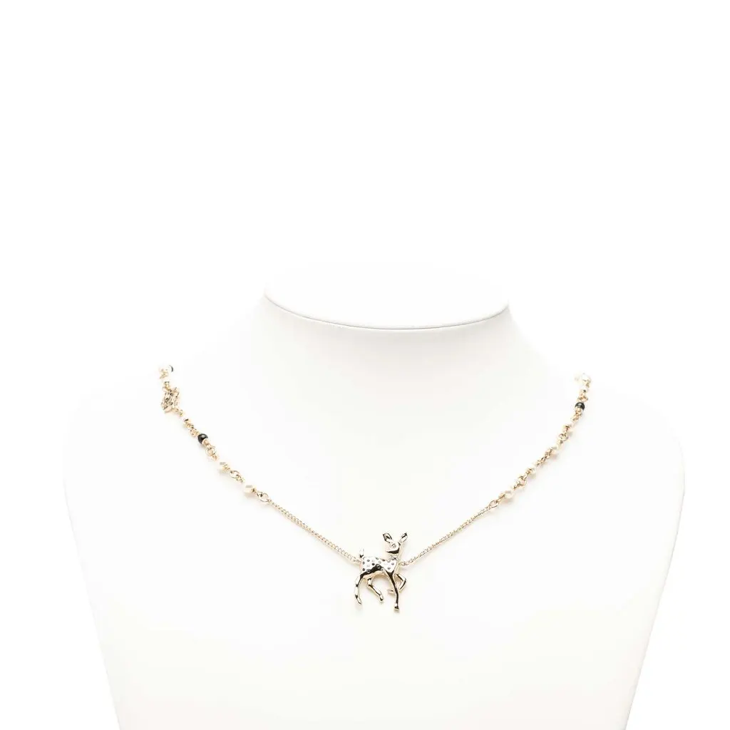 Chanel CC Gold Plated Faux Pearl Strass Deer Pendant Necklace Gold Metal Very good - Box View