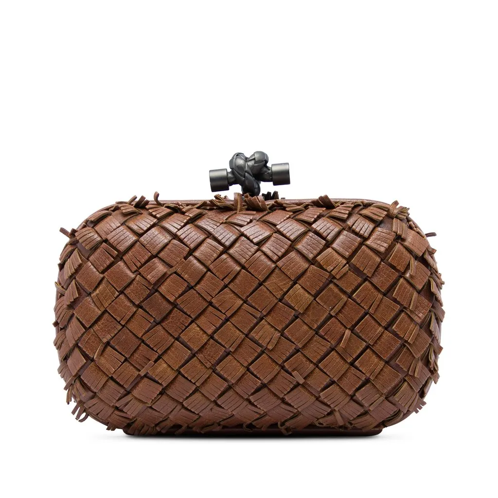Bottega Veneta Nappa Intrecciato Fringe Knot Clutch Brown Leather Good - Front View