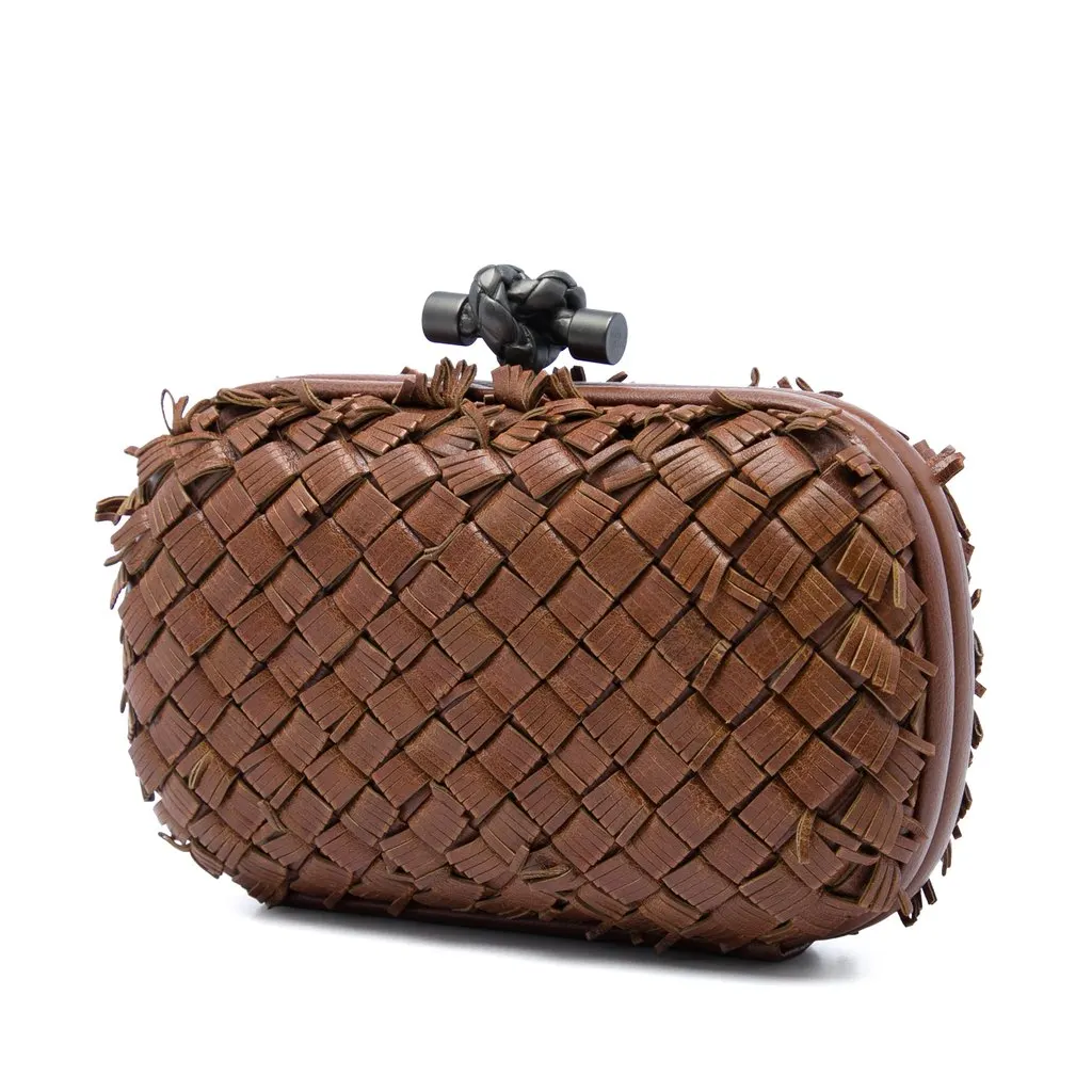 Bottega Veneta Nappa Intrecciato Fringe Knot Clutch Brown Leather Good - Back View