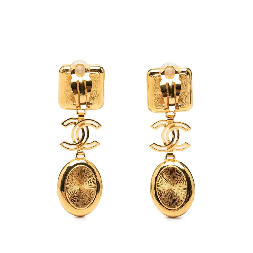 Chanel CC Gold Plated Faux Pearl and Resin Drop Clip On Earrings Gold Metal Very good - Back View