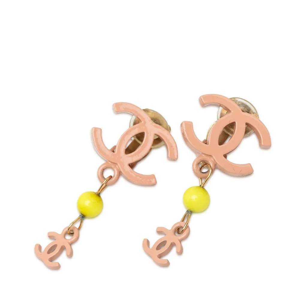 Chanel CC Gold Plated Resin Drop Clip On Earrings Pink Plastic Very good - Front View